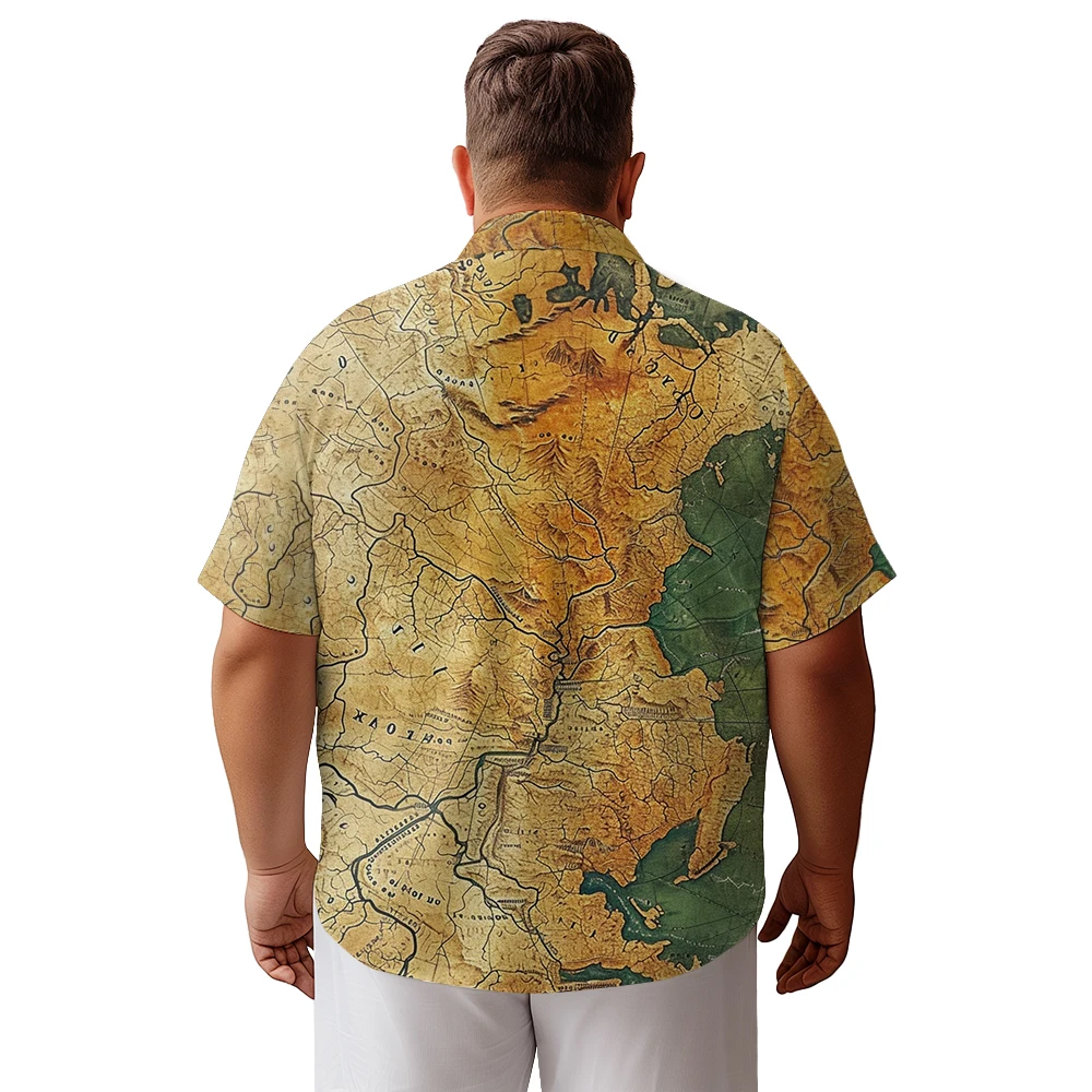 2024 new  camisas de hombre Vintage parchment map printed clothing men's shirt loose large size casual short-sleeved