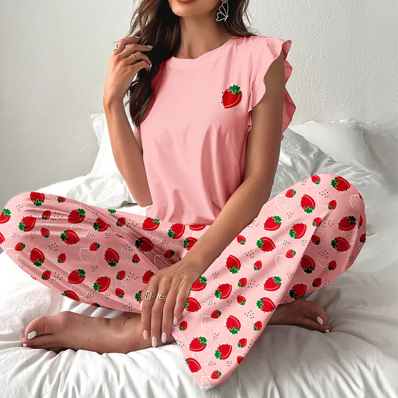 

Autumn Milk Silk New Small Flying Sleeves Strawberry Print Short-sleeve Shorts Loose Comfortable 2PCS Set Home Wear Sleepwear