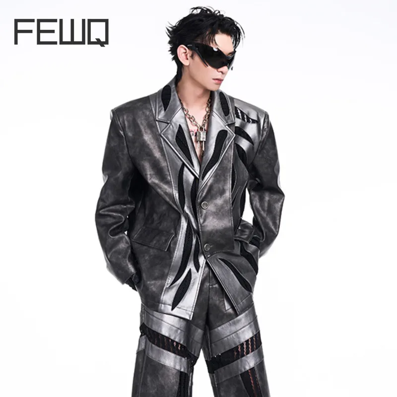 FEWQ Men\'s Two-piece Single-breasted PU Leather Jacket Niche Spliced Hollow Mesh Design Trousers 2024 New Loose Men Sets 24E5015