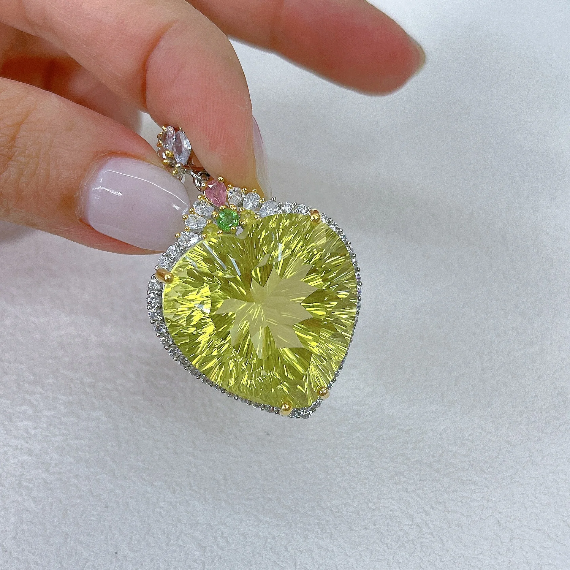 Lemon Quartz Pendant 25mm , S925 Sterling Silver White Gold Plated（no Chain)