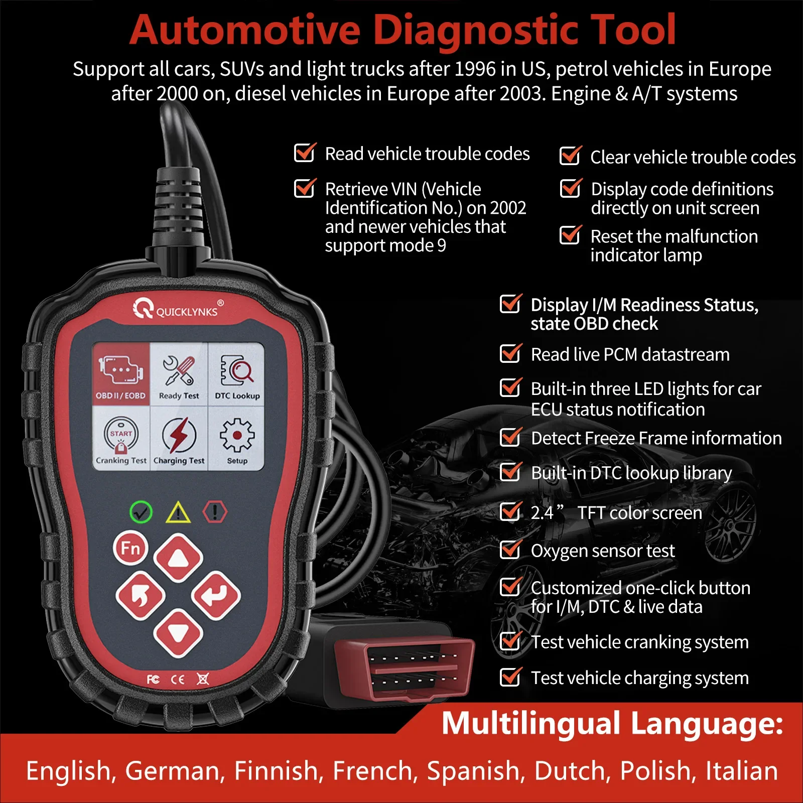 OBD2 Scanner Automotive diagnostic tool Engine Analyzer Fault code read Clear Voltage detection Start detection T41