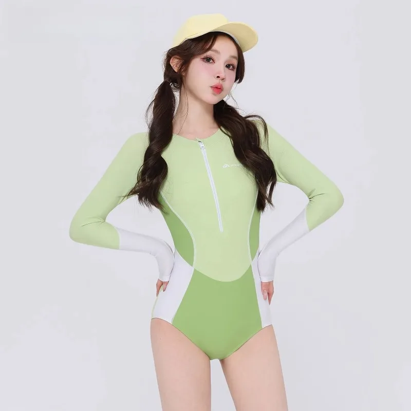 

Triangle One-piece Swimsuit 2025 New Long-sleeved Sun Protection Large Size Slimming Conservative Racing Swimsuit