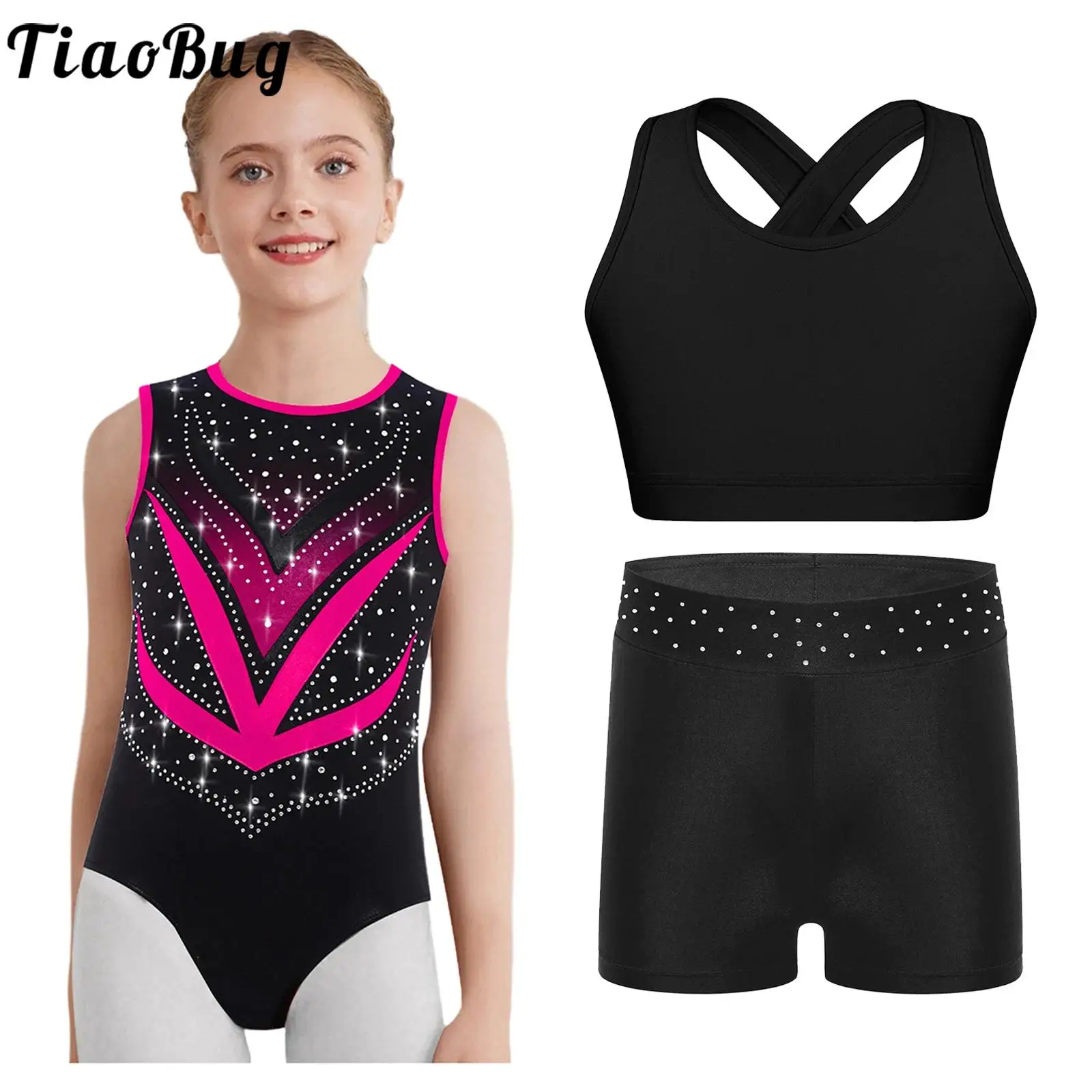 

Kids Girls Ballet Dance Leotard Gymnastics Performance Costume Outfit Sleeveless Shiny Rhinestones Figure Skating Bodysuit Sets