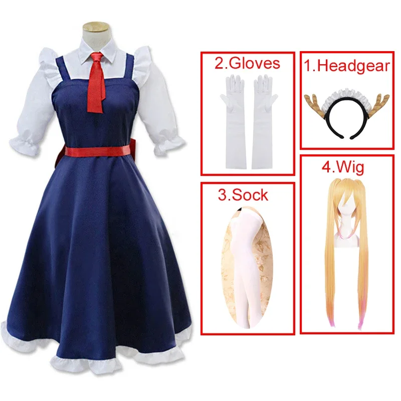 Anime Miss Kobayashi's Dragon Maid Tohru Cosplay Costume Women Maid Uniforms Including Gloves Dragon Horn White Knee Socks