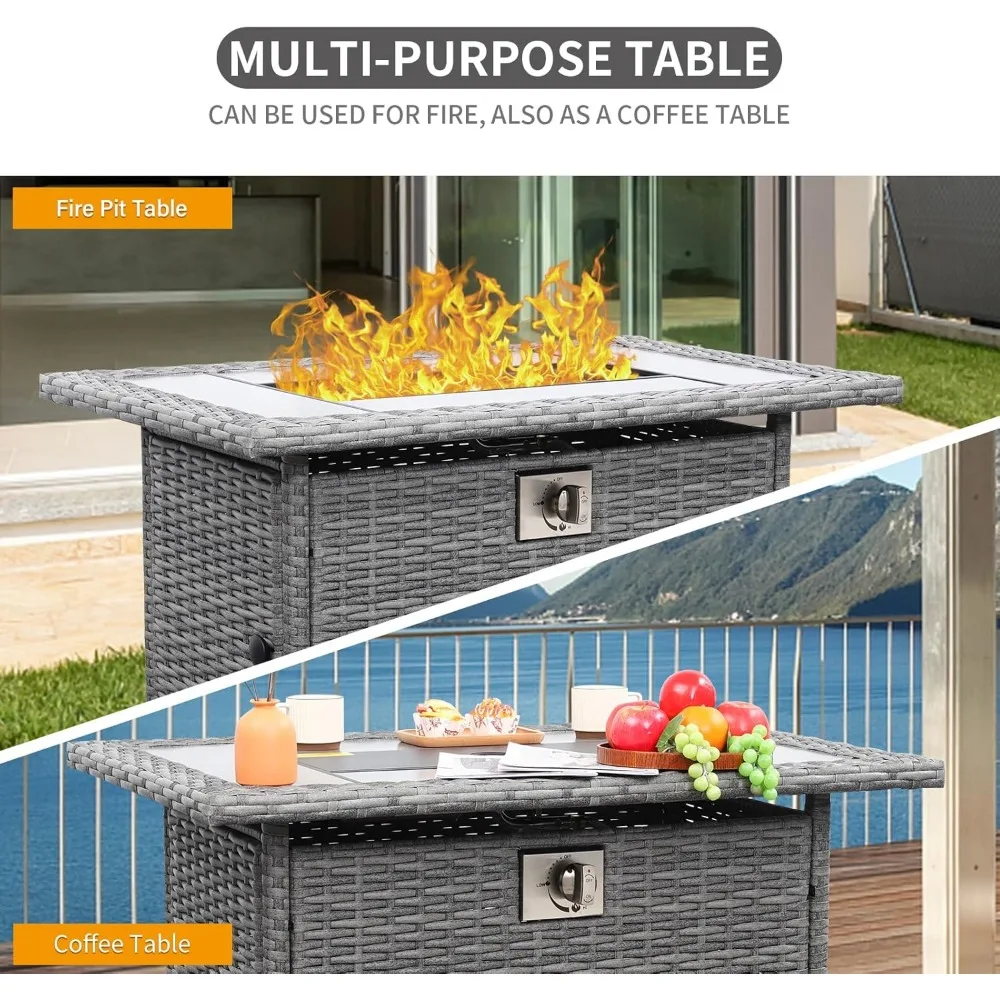 Outdoor 45 Inch Wicker Gas Fire Pit Table with Woodgrain Marble Top and Fire Pit Cover for Patio Use