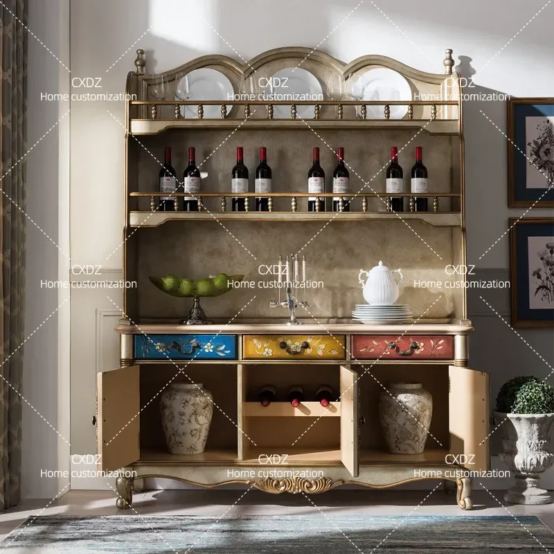 American Solid Wood Dining Side Cabinet Painted Carved Wine Storage Household Restaurant Tea Cabinet Villa Entrance Locker