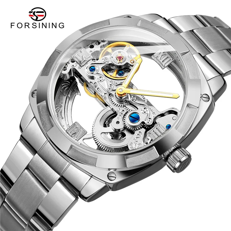 FORSINING-Reloj de pulsera de acero inoxidable para hombre, diseño transparente clásico de cronógrafo mecánico, automático, plateado, cuadrado, dorado, 207