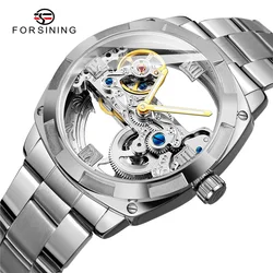 FORSINING 207 Men Transparent Design Mechanical Classic Watches Automatic Silver Square Gold Skeleton Stainless Steel Wristwatch