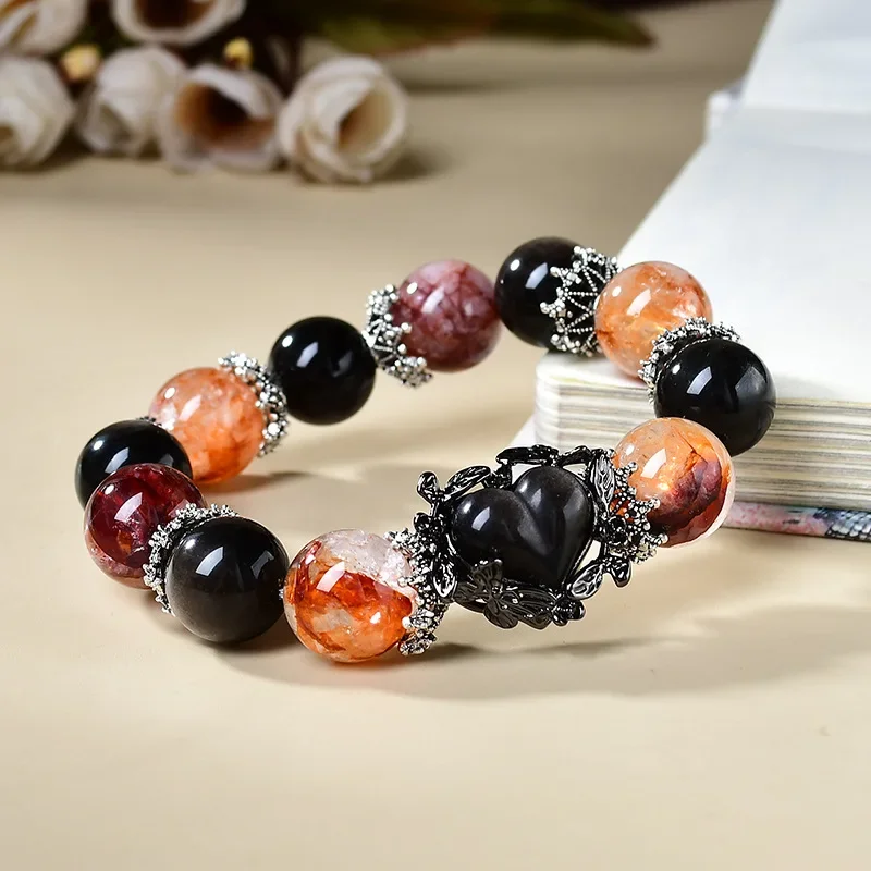 

Natural Crystal Silver Obsidian Red Glue Flower Love Bracelet Fashion Light Luxury Women's Bracelet, Original Design, Jewelry