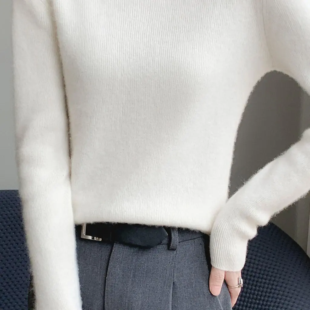 여성용 한국 스타일 슬림핏 긴팔 풀오버 스웨터 가을 신상 니트 귀달이 칼라 베이스 셔츠 이너 타이트핏