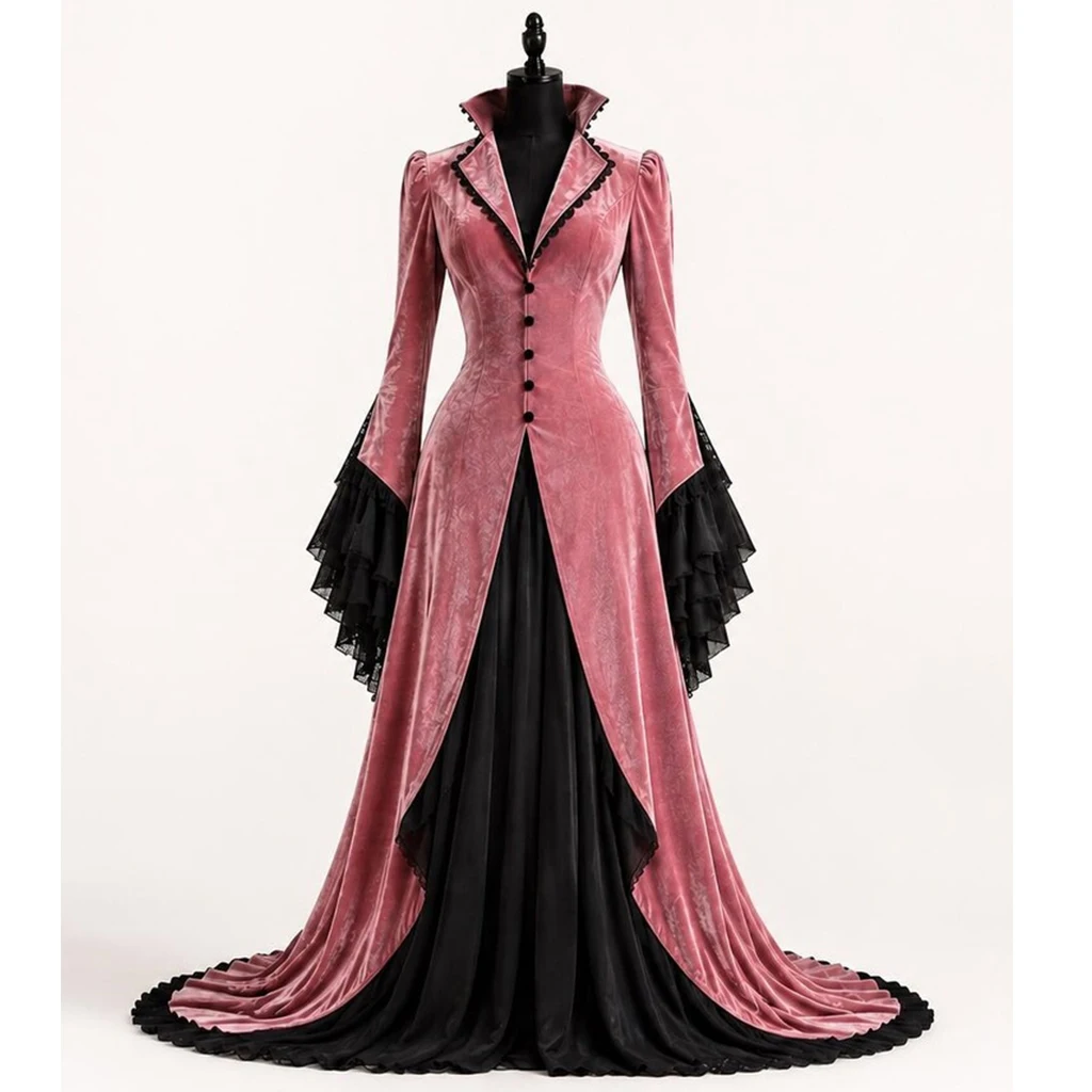 Vestido de terciopelo rosa gótico victoriano Tudor hecho a medida con encaje, vestido de renacimiento para mujer, vestido de baile de máscaras de vampiro