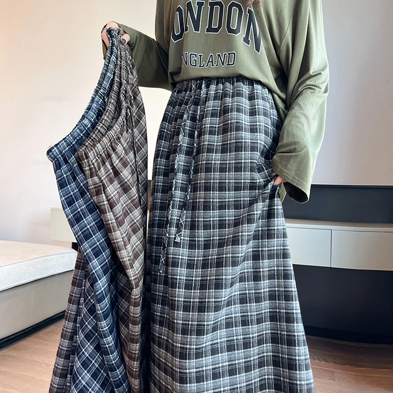 Dames geruite midi-rok Retro herfst hoge taille trekkoord Casual A-lijn halflange paraplurok