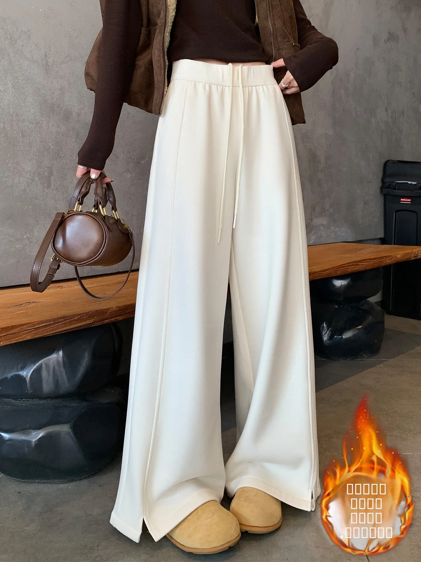 

Широкие брюки большого размера для женщин, осенне-зимние, белые, на подкладке, с разрезом, драпированные, мягкие, повседневные, в пол, прямые, в стиле «рисовый пирог»...