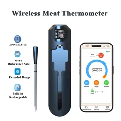 Wireless Bluetooth Meat Thermometer, IP67 Waterproof App Control Digital Food Display Thermometer for Kitchen Oven BBQ Grilling