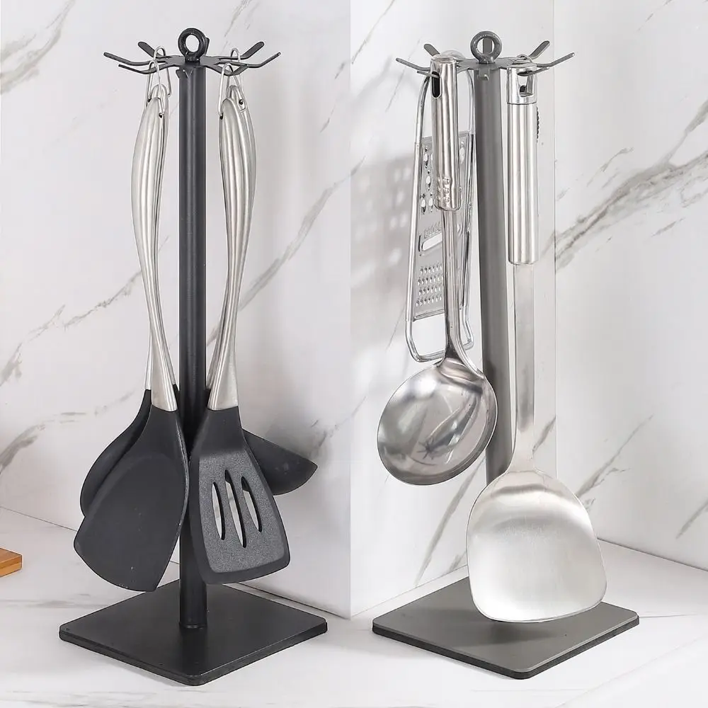 8 Hooks Rotating Spatula Rack Stable Base Movable Pot Shovel Rack Anti Slip Space Saving Cooking Utensils Holder for Kitchen