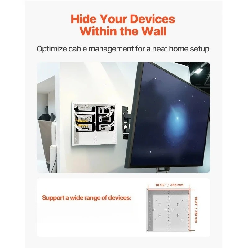 Recessed 14-inch recessed in-wall TV media box, covered structural wall storage enclosure