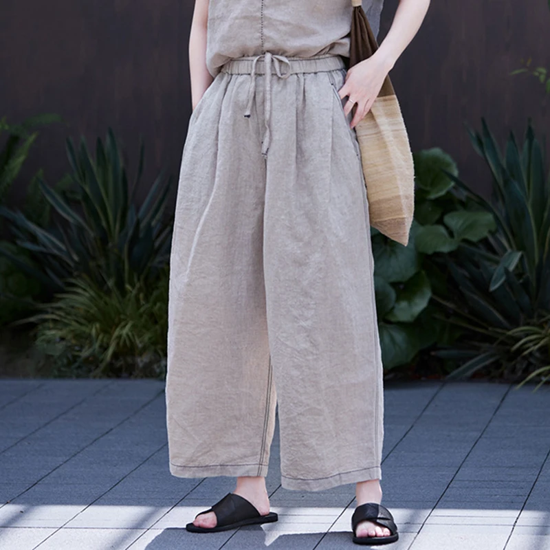 

100% Linen Women Ankle-length Casual Pants New Arrival 2025 Spring Vintage Style Plain Color Loose Female Wide Leg Pants M1626