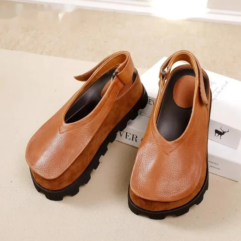 أحذية منصة مسطحة صناديل للنساء جلد ناعم حذاء بدون كعب ماركة ضحلة ريترو المرأة أحذية رياضية الصيف Slingback Sandalias #6