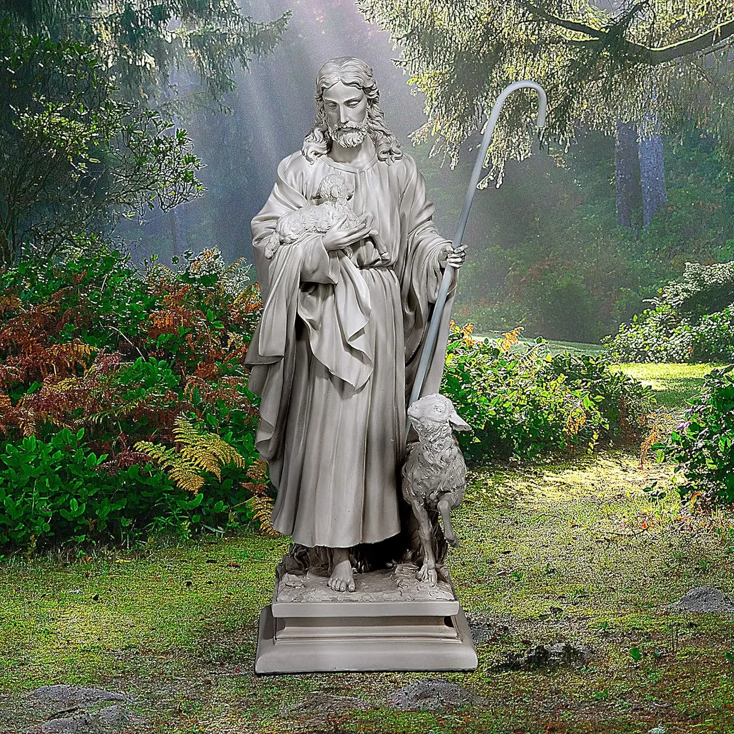 Jesus The Good Shepherd Religious Garden Statue, 12 Inches Wide, 8 Inches Deep, 28 Inches High, Antique Stone Finish