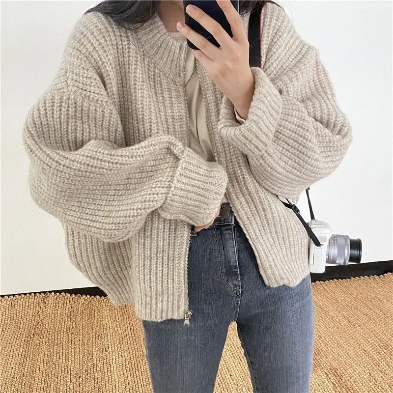 Deeptown Vintage Cropped Zipper Sweater Women Oversized Korean Fashion Autumn Knit Jumper Aesthetic Winter Warm Casual Cardigan