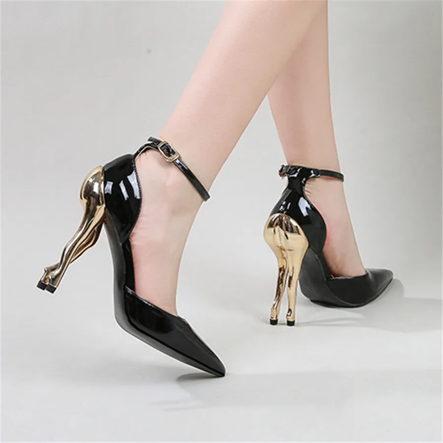 

Designer Gold Hip High Heels 2024 Sexy Women Pumps Pointed Toe Strange Heel Dress Shoes Patent Leather Ankle Strap Lady Stiletto