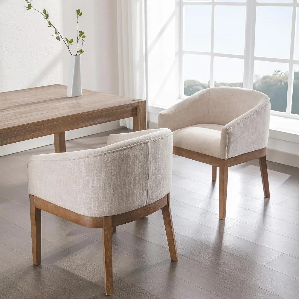 Beige eetkamerstoelen set van 2 moderne eetkamerstoelen uit het midden van de eeuw, linnen gestoffeerde keuken eetkamerstoelen gebogen rugleuning Dini