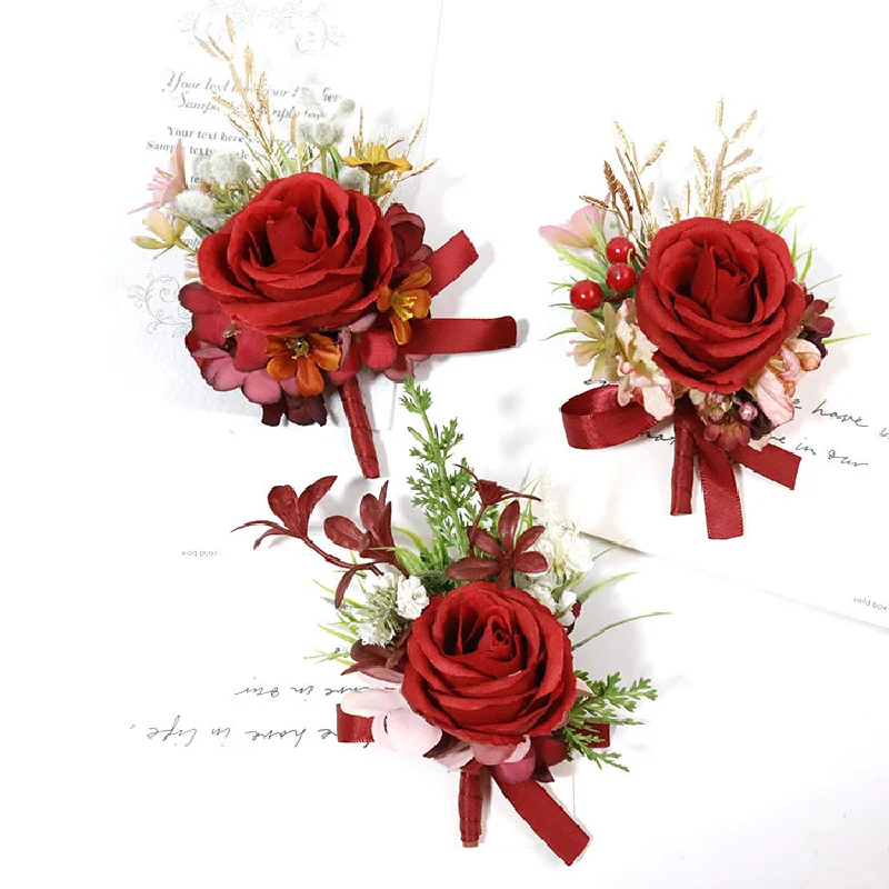 Boutonniere And Wrist Corsage Wedding Supplies Banquet Guests Simulated Flowers Groom and Bride Hand Flowers Red 364