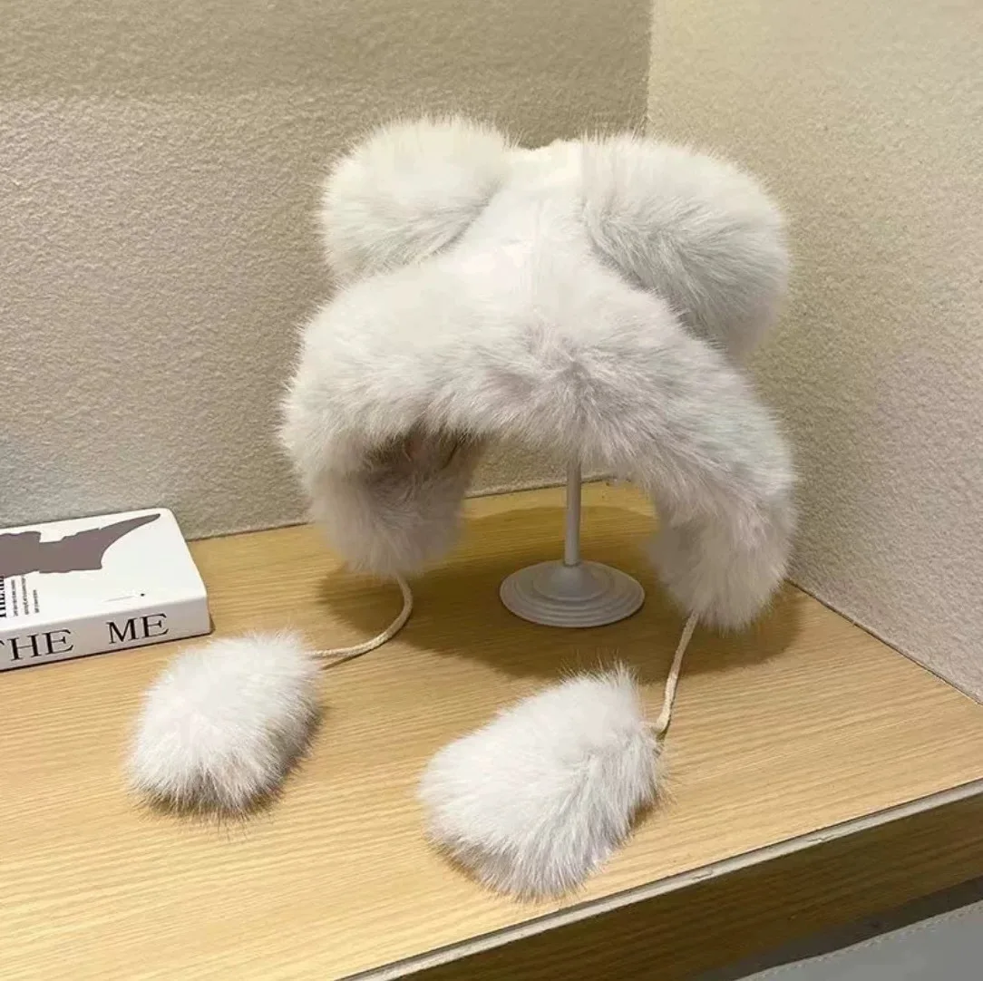 Neue Plüsch Niedliche Kleine Bär Ohr Hut Fuchs Pelz Hut Verdickt Ohr Schutz Schnee Hut frauen Plüsch Kleine Bär hut Mode Vielseitig – Detail 9