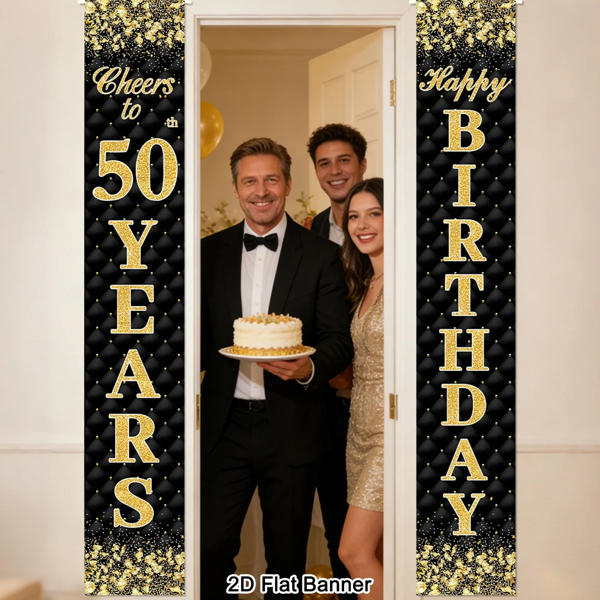 1 Paar 18./30./40./50./60. Geburtstag Türbanner Schwarz-Gold Glitzer-Design Polyester Türbanner für Erwachsene Geburtstagsfeier-Dekoration – Detail 8