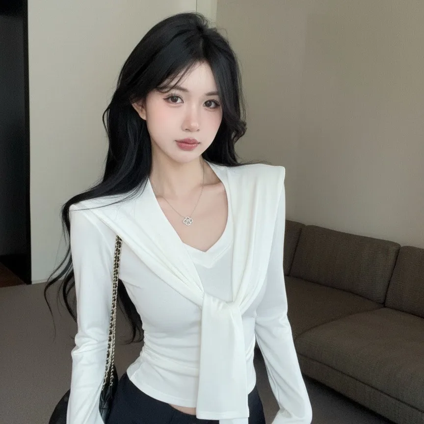 Otoño Invierno nuevo Sle mujer largo Sve v-ne Slim Fit Top cintura ceñida ancho corregido Camere Wrap suéter