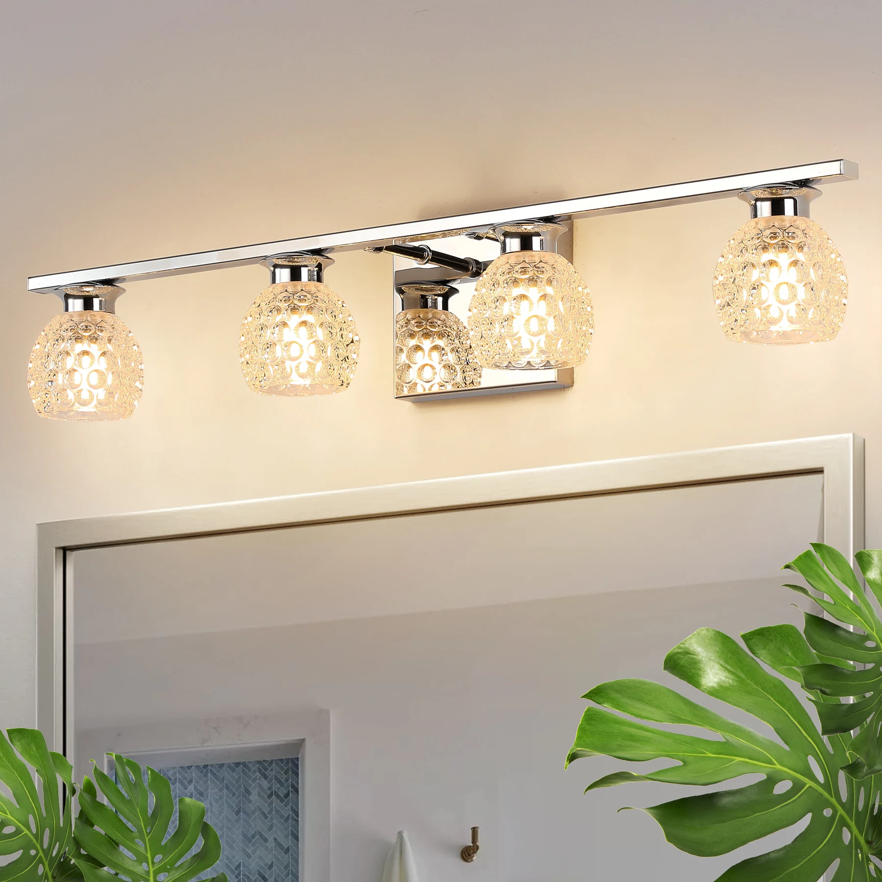 

Modern Chrome 4 - Light Bathroom Vanity Light, 2 Color Temperature ,Clear Glass Shades - Elegant & Bright Home Lighting