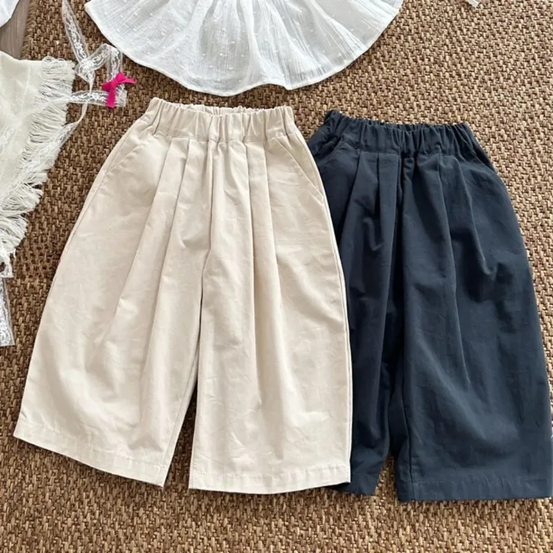 Children Pants Spring and Autumn New Solid Color Pleated Wide-leg Pants for Girls Elastic Waist Slant Trousers