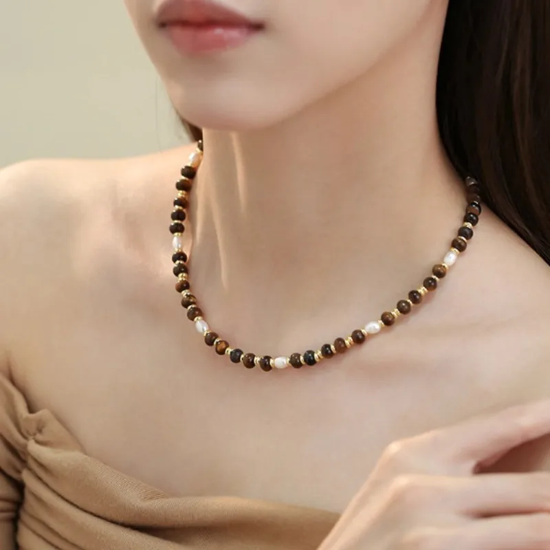 

Minar Exquisite Natural Stone Tigereye Rice Freshwater Pearl Beads Beaded Necklace for Women 14K Real Gold Plated Copper Chokers