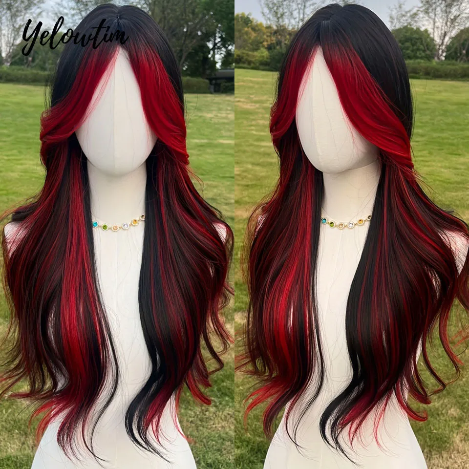 

Ombre Коричневый Черный Красный Длинные Вьющиеся Волнистые Синтетические Парики с Челкой Косплей Парик для Женщин Высокотемпературные Натуральные Искусственные Волосы LM