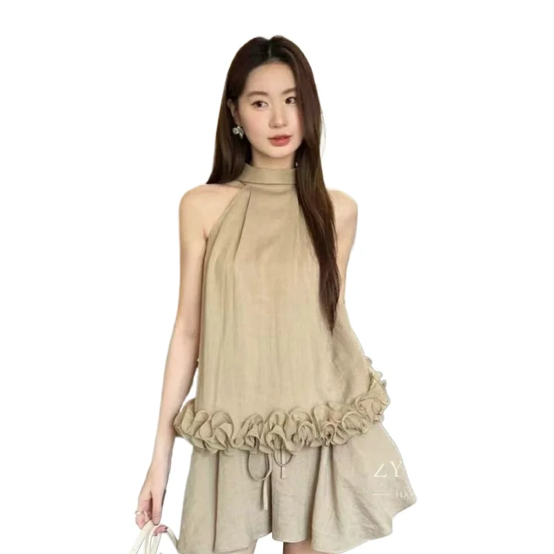 

Large Size Popular Xia Xin Korean Version Design Sense Fungus Edge Neck Top Set Casual Thin Shorts Two-piece Set Women' Clothing