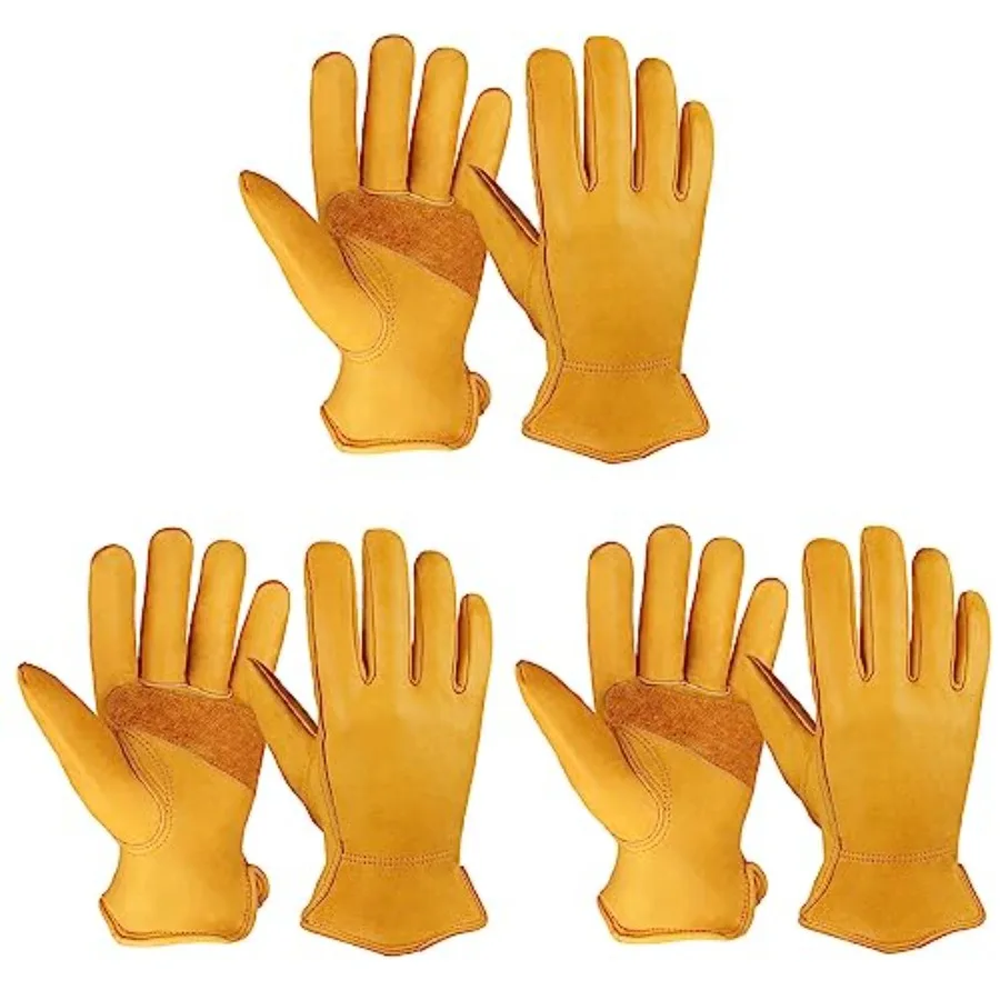 OZERO Leather Work Gloves for Men, Cowhide Gardening Gloves with Reinforced Palm, Flexible Keystone Thumb, Elastic Wrist