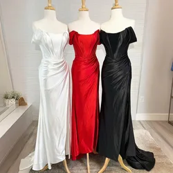 YQLNNE Off Shoulder Red Long Mermaid Prom Dresses Satin Slit Formal Party Eventing Gown