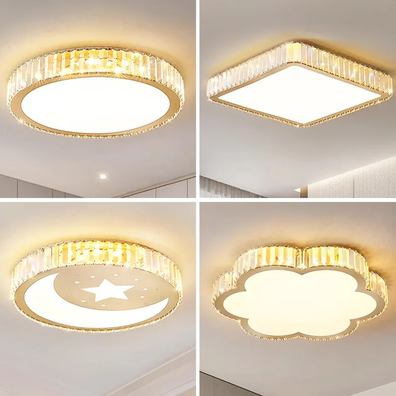 Tri color luxury high-end crystal LED ceiling light with multiple sizes for bedrooms kitchens living rooms corridors golden