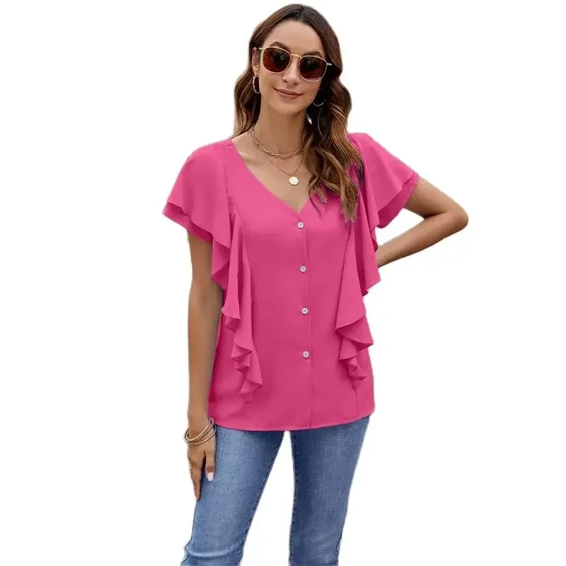 

2024 Summer New Fly Edge Decoration Shirt Women Solid Color Deep V Neck Blouse Female Single-breasted Cardigan Ruffle Sleeve Top