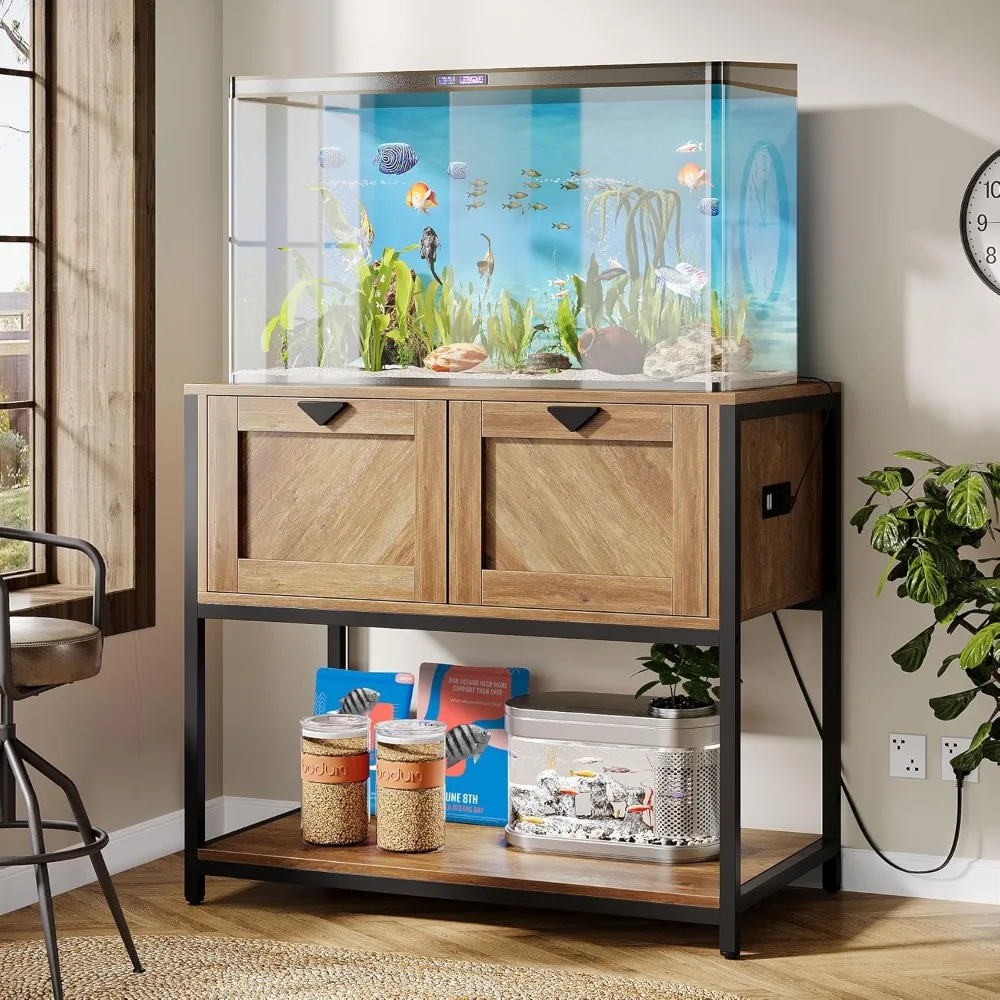 Fish Tank Stand with Power Outlets, Large Wood Aquarium Stand with Cabinet Storage, 35.4