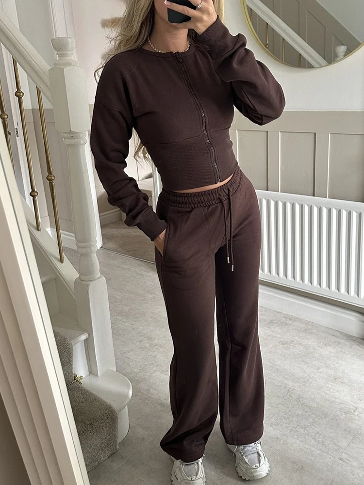 

Домашний повседневный осенне-зимний новый модный комплект для отдыха, удобный однотонный кардиган на молнии, прямые брюки, уличный комплект