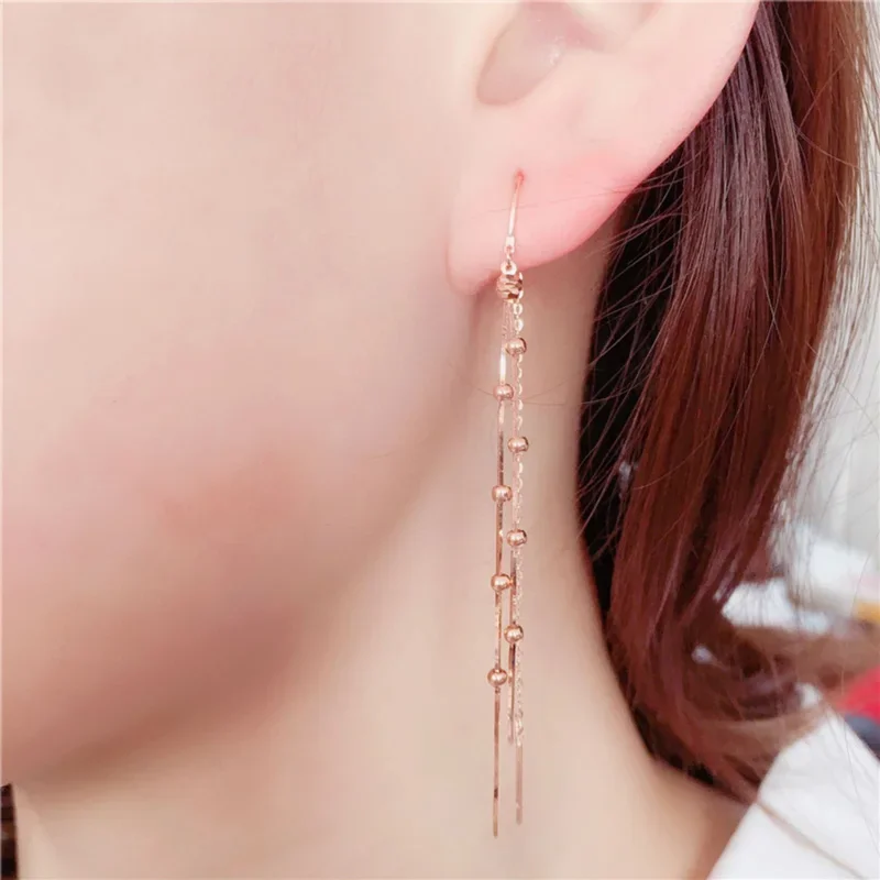 Plated 14K Rose Gold 585 Purple Gold Beaded Earrings for Women Fashion Tassels Long Snake Bone Bead Chain Earings Jewelry