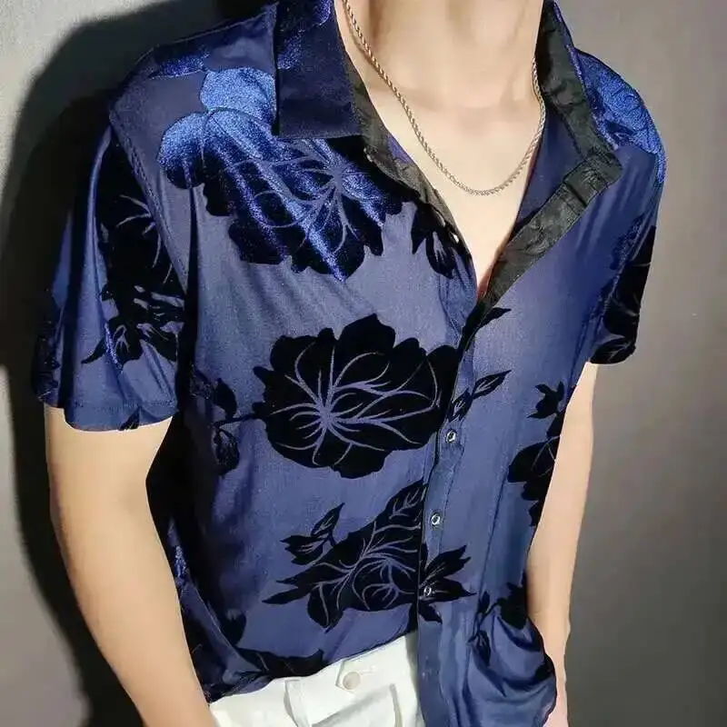 2023 Top Blouse Social Club Outfits Party Designer Shirt Fashion Velvet Flower Shirt Men Transparent Short Sleeve Sexy Shirt Red