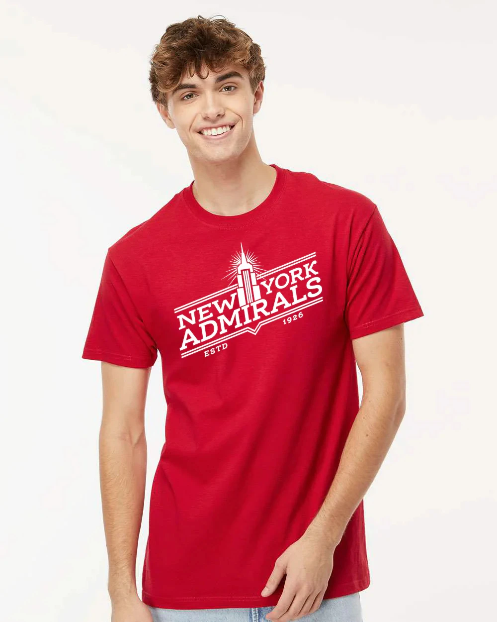 

Футболка с винтажным дизайном команды «Нью-Йорк Адмиралс» 2026 года, красная, с изображением региональных достопримечательностей, короткий рукав, повседневная одежда для фанатов