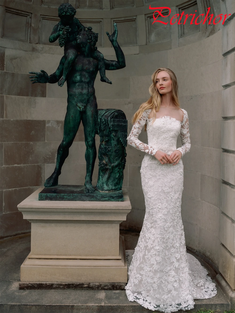 فستان زفاف دانتيل أبيض ناعم مخصص بياقة مربعة وأكمام طويلة زي العرائس ناعم حورية البحر ذيل محكمة رداء de mariée #4