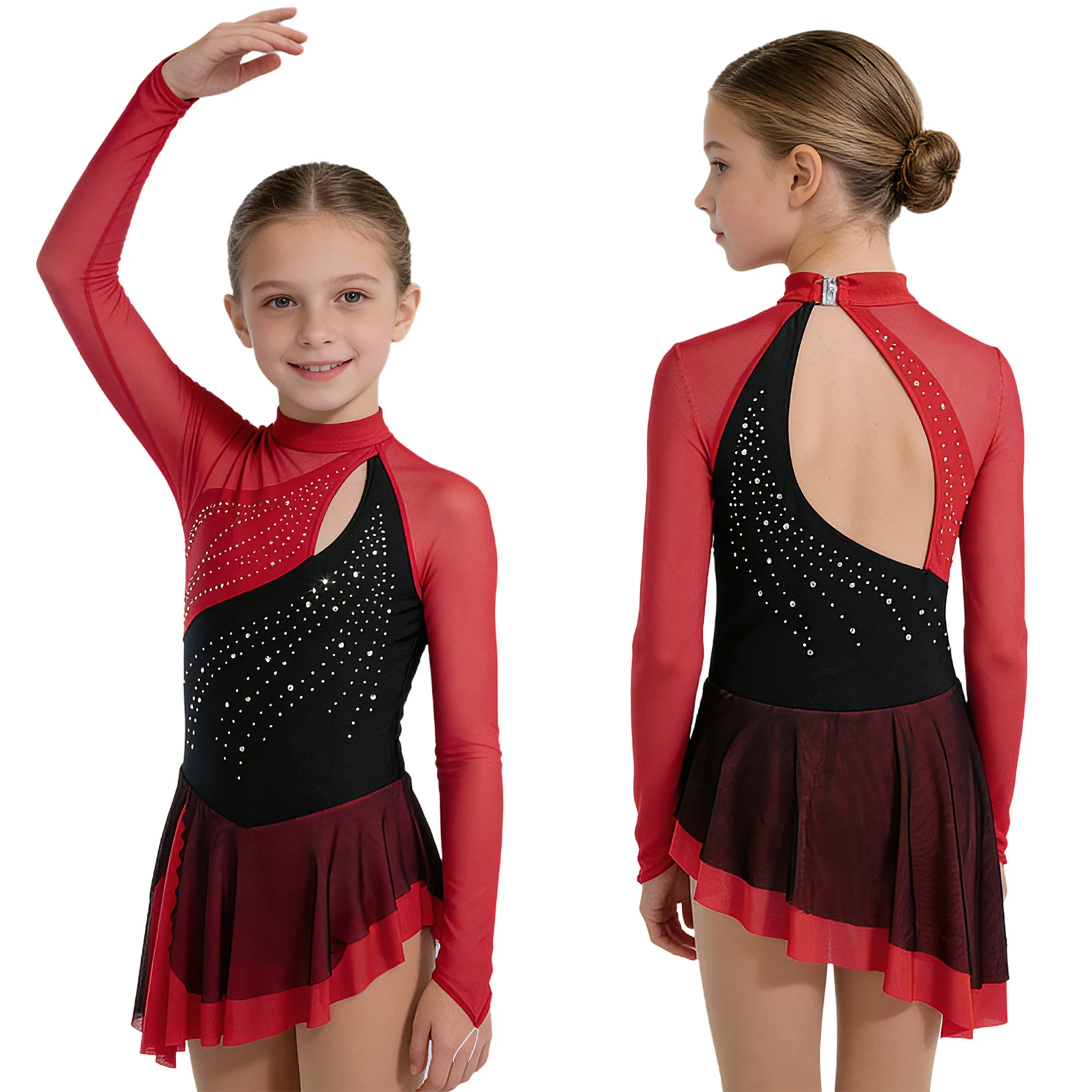 Artistic Figure Skating Performance Peplum Leotard Dresses Kids Girls Acrobatics Gymnastics Rhinestones Ballet Lyrical Dancewear - view 5