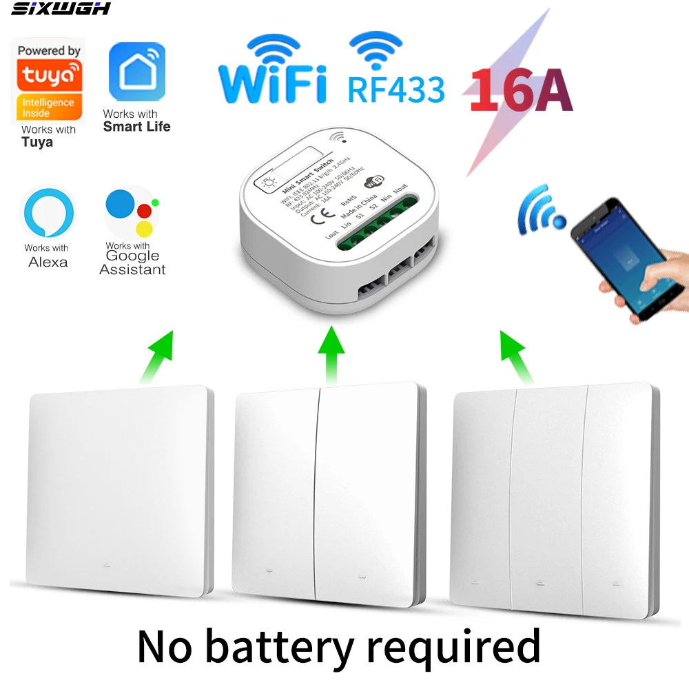 Interrupteur intelligent WIFI Tuya 16A, aucune batterie requise, interrupteur sans fil, minuterie, contrôle par application Smart Life, fonctionne avec Google Home Alexa