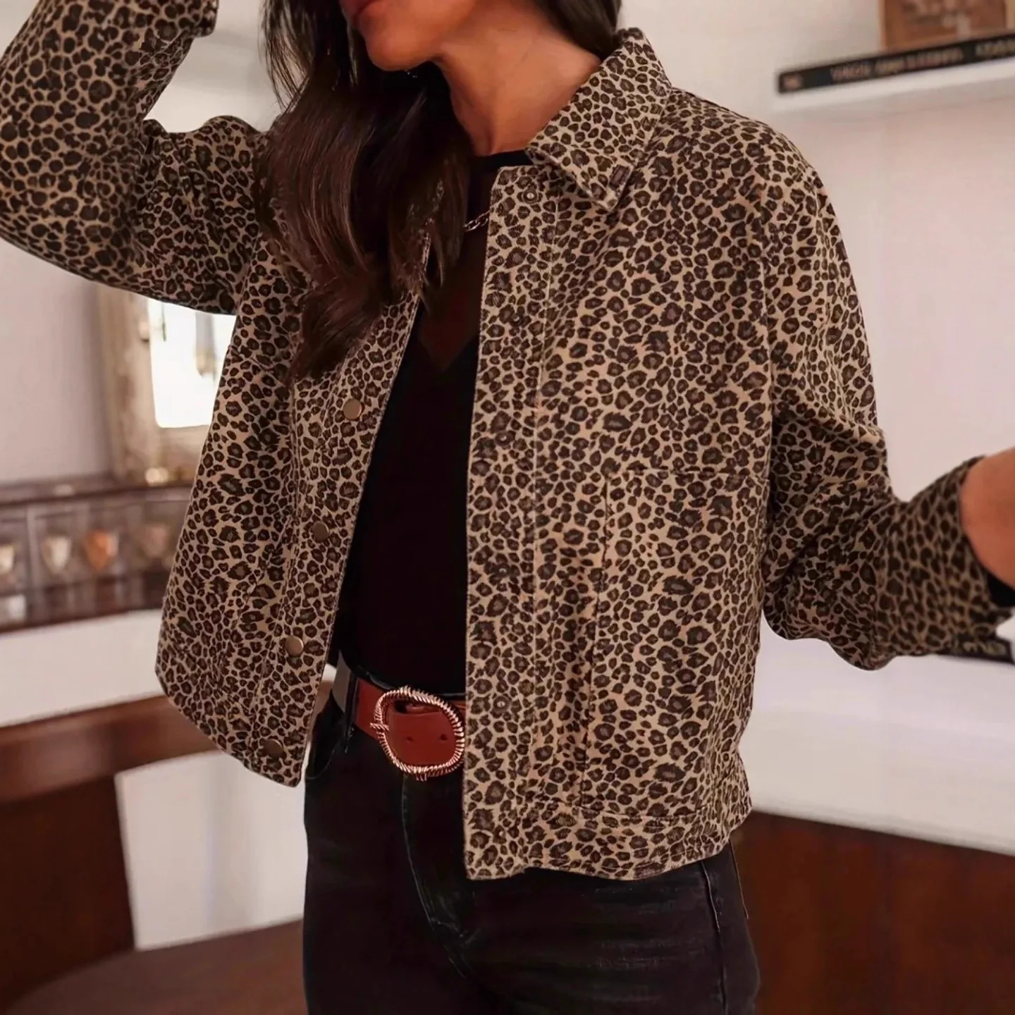 KIDCRKJ Leopard Print Women Spring Jacket Lapel Collar Color Blocked Snap Button Lady Outwear Highstreet Stylish Female Coat