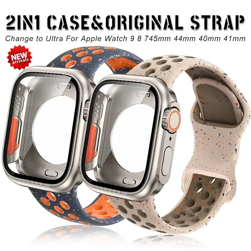 Оригинальный спортивный ремешок и смены на ультракрышку для Apple Watch 9 8 7 45 мм 41 мм, силиконовый ремешок для IWatch 6 5 4 44 мм 40 мм, стекло и фотоэлемент