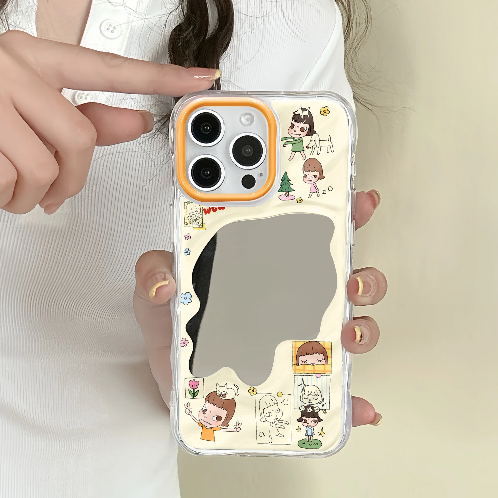 Funda de TPU transparente con diseño de niña de dibujos animados de línea simple y marco de cámara ondulado naranja para todos los iPhone de las series 11-17